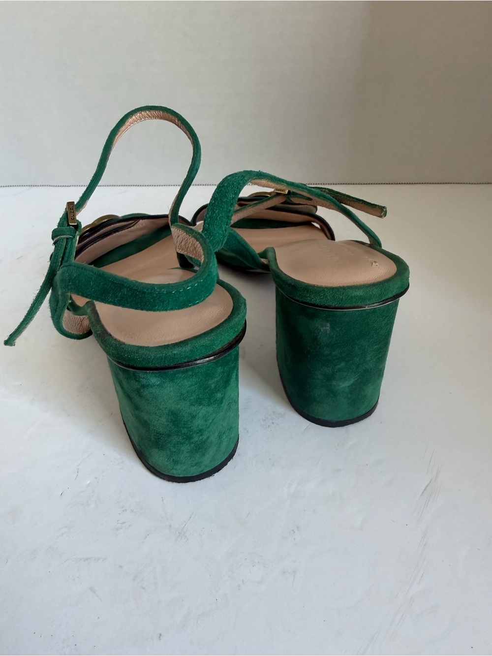 Green Suede Open-Toe Heeled Sandals with Gold Accent - Picture 3 of 8